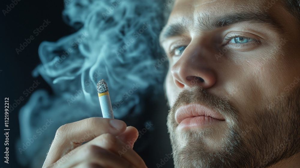 Fototapeta premium Man holding lit cigarette with smoke swirling around