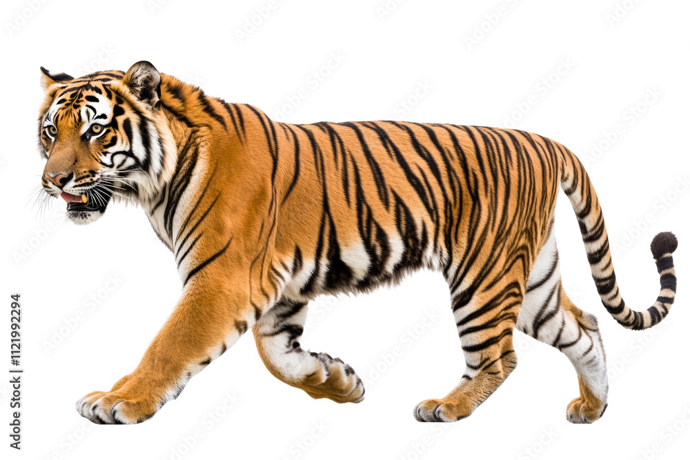 Obraz premium A majestic tiger walking confidently with a caught prey in its mouth, showcasing its powerful physique on a white isolated background.