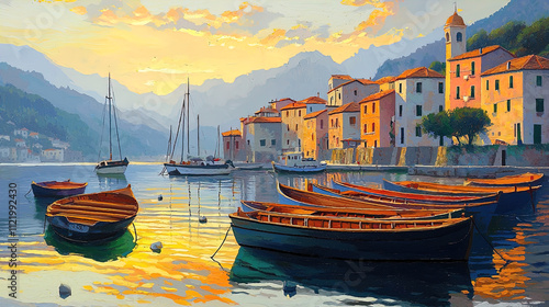 A serene coastal scene captures a picturesque harbor at sunset. The vibrant sky transitions from warm oranges and yellows to soft blues, reflecting beautifully on the calm water. Multiple wooden boats photo