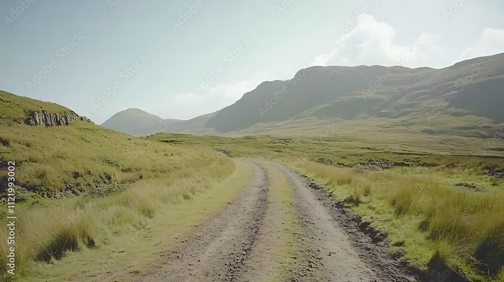 A winding dirt road through a mountainous landscape A winding dirt road through a mountainous landscape