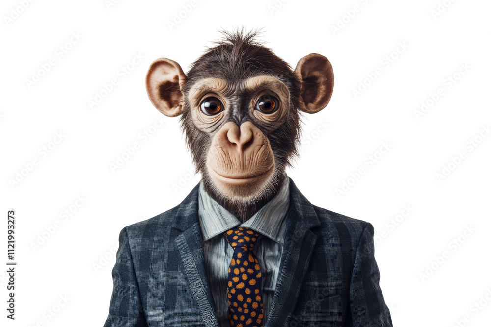 Fototapeta premium A monkey dressed in a stylish suit with a tie, showcasing a unique blend of animal and human fashion. Captivating and humorous.