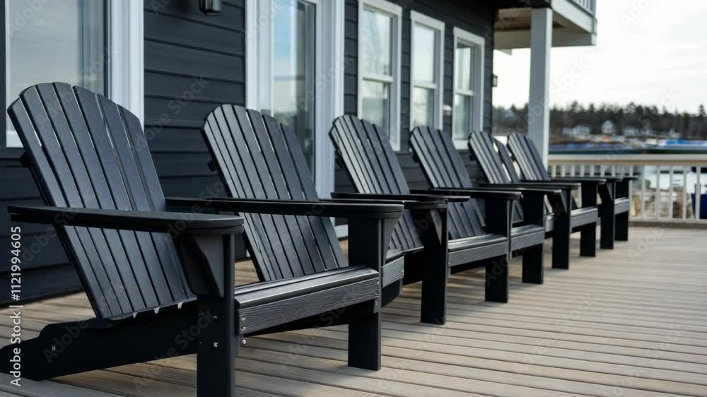 Black wooden chairs line the deck of a waterfront building on a clear day in a serene coastal location Black wooden chairs line the deck of a waterfront building on a clear day in a serene coastal location
