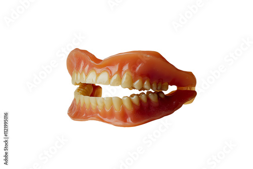 A quirky pair of novelty denture teeth displayed on a reflective surface, creating an amusing and playful visual with a white background. photo