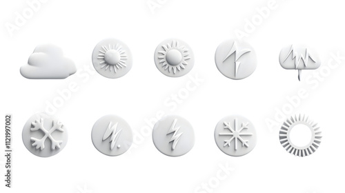 A set of 12 minimalist weather icons including sun, cloud, rain, snowflake, and lightning, isolated on a seamless white background