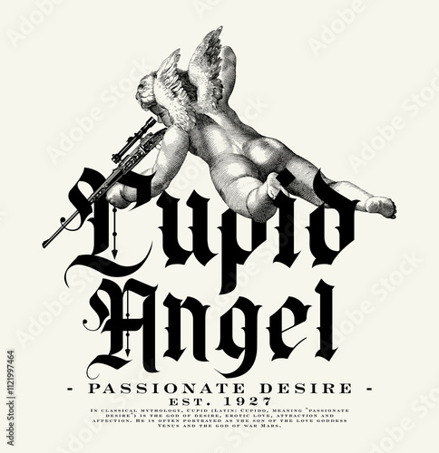 Art design of urban featuring an illustrated angel, cupid angel, victorian illustration. Gothic font texts add an authentic urban, Perfect for clothing patterns seekingcupid angel1