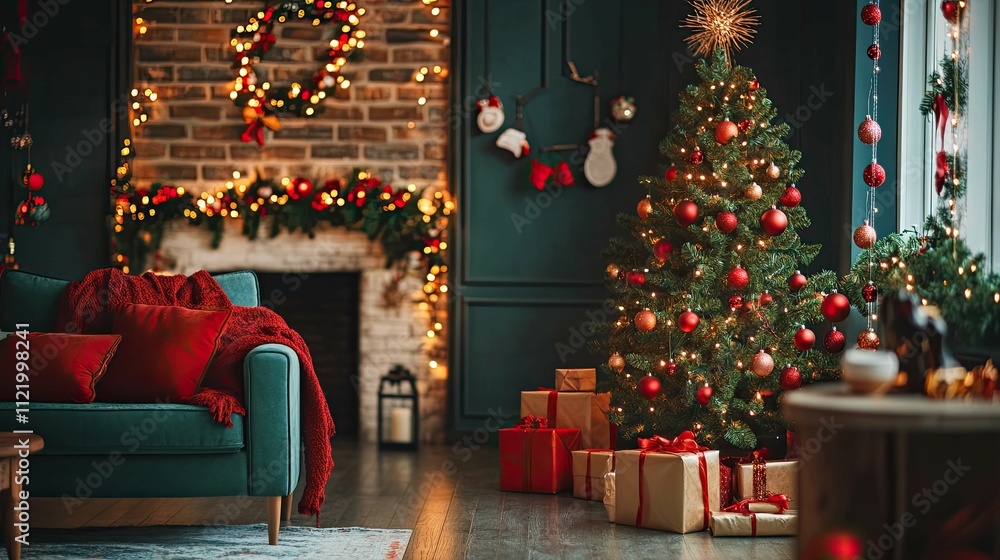 New Year's interior with a Christmas tree and garlands in China New Year's interior with a Christmas tree and garlands in China