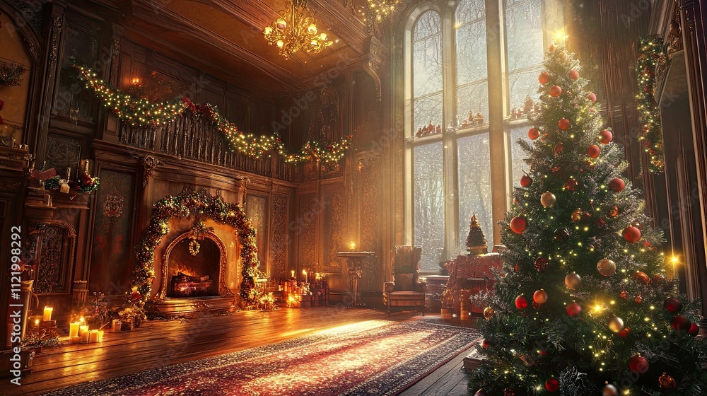 Fototapeta premium New Year's interior with a Christmas tree and garlands in China
