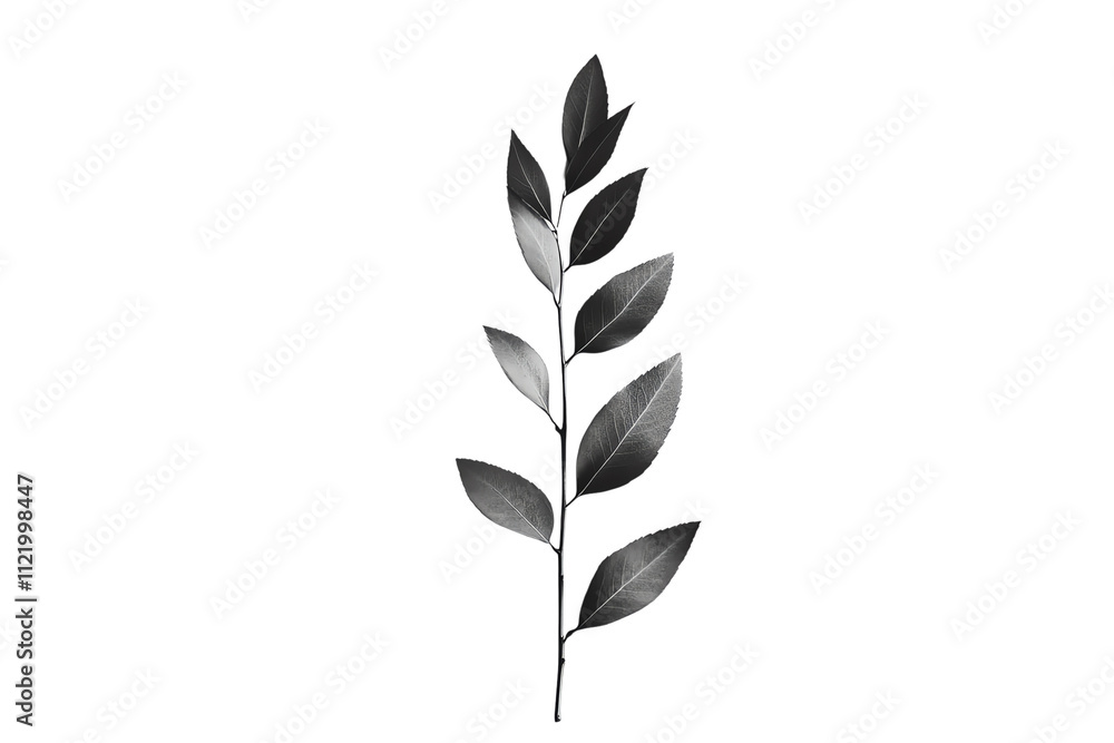 Fototapeta premium A single black leaf branch isolated on a white background, showcasing its elegant shape and unique texture, perfect for botanical illustrations.