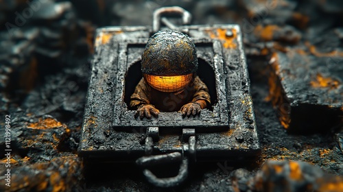 A depiction of a man trapped inside a closed mouse trap conveys the themes of entrapment and challenges, captured in a striking visual photo