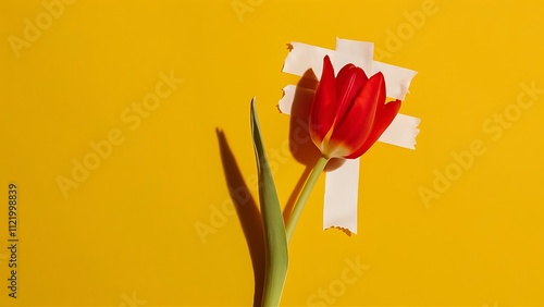 Tulip flower taped to bright background. Minimal concept. photo