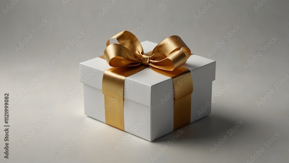 Fototapeta premium A white gift box with a gold ribbon and bow.