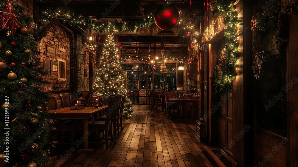 New Year's interior with a Christmas tree and garlands in China New Year's interior with a Christmas tree and garlands in China