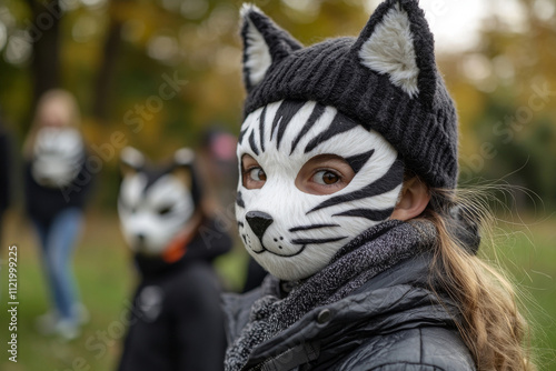 A girl teenager wearing a cat mask, set against an autumn backdropin the right side of photo. Ideal for content on therian, quadrobic themes, cosplay, and creative costume ideas photo