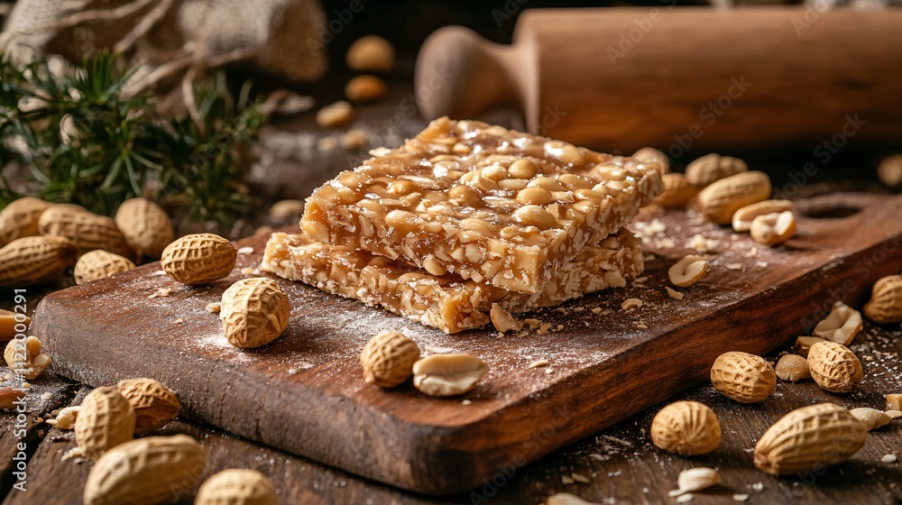Fototapeta premium Rustic kitchen scene featuring peanut brittle on a cutting board, surrounded by fresh peanuts and a rolling pin