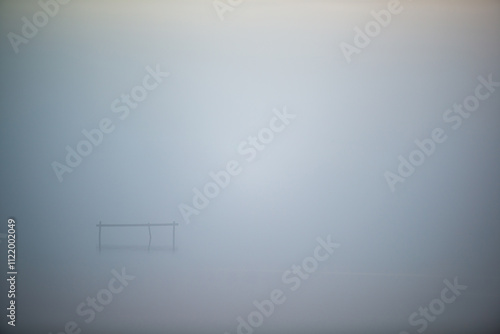 Minimalist low contrast view of small wooden post in water in misty weather photo