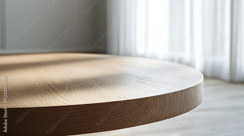 Sunlit round wooden table top in modern room. Sunlit round wooden table top in modern room.