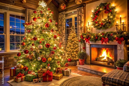 Wallpaper Mural A warm, inviting living room glows with Christmas cheer; a decorated tree, festive lights, and deep focus highlight the holiday wonderland. Torontodigital.ca