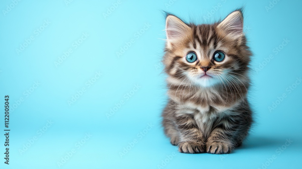 Adorable kitten, sitting, looking directly at camera, against a bright turquoise background. Adorable kitten, sitting, looking directly at camera, against a bright turquoise background.