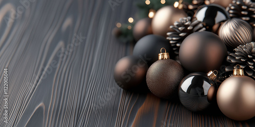 Collection of elegant Christmas ornaments on dark wooden surface with pine cones and soft lights in the background photo