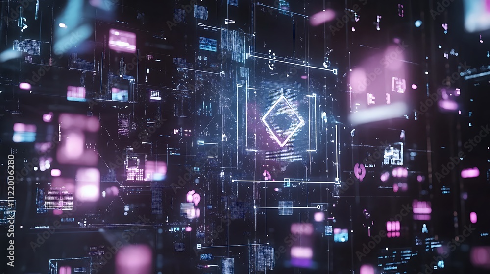A holographic logo within a futuristic interface, surrounded by floating icons and data streams A holographic logo within a futuristic interface, surrounded by floating icons and data streams