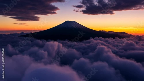 Mount fuji above clouds at sunrise with