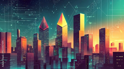 Modern cityscape with cryptocurrencythemed geometric buildings and futuristic elements photo