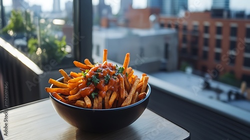 Sweet Potato Fries Bowl Cityscape Background