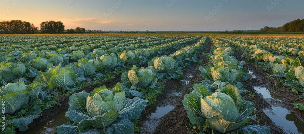 Fototapeta premium A beautiful field of lush green lettuce is growing in neat rows on a sunny day