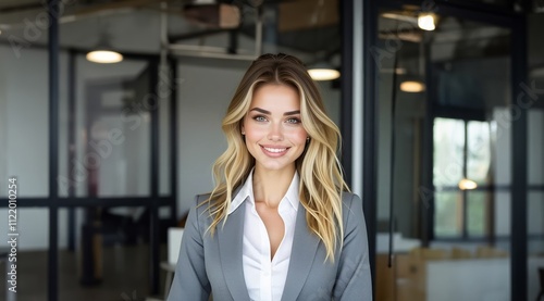 Beauty business woman in suit in office.