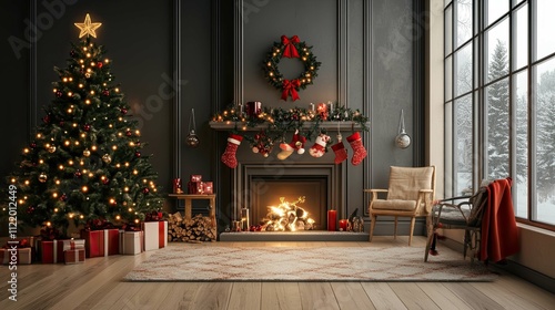 New Year's interior with a Christmas tree and garlands in a cottage 