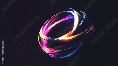 A rotating holographic logo with vibrant, multi-colored light trails, against a dark background  photo