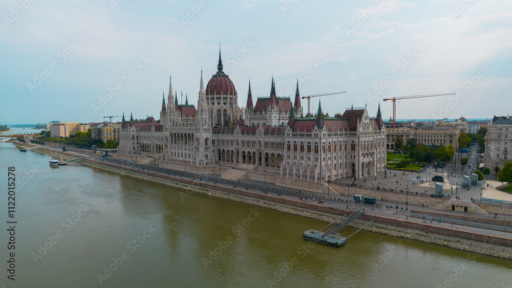 Fototapeta premium The drone view above Danube river in Budapest, Hungary