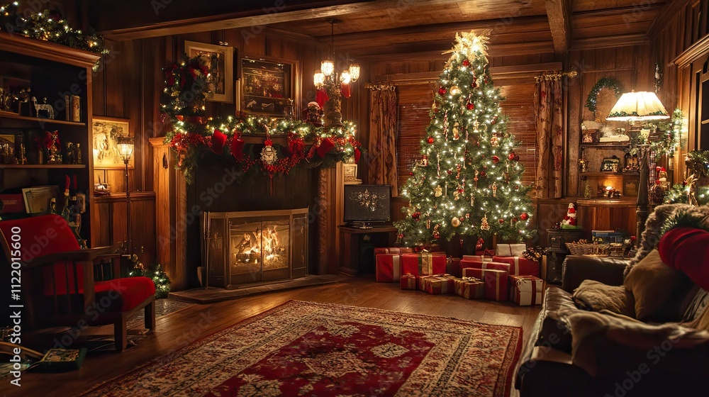 New Year's interior with a Christmas tree and garlands in a cottage New Year's interior with a Christmas tree and garlands in a cottage