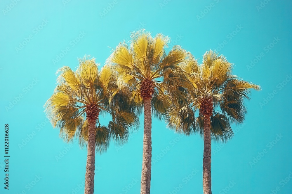 Obraz premium a vibrant scene of palm trees swaying against a bright blue sky, epitomizing the feel of a tropical getaway filled with sunshine and relaxation
