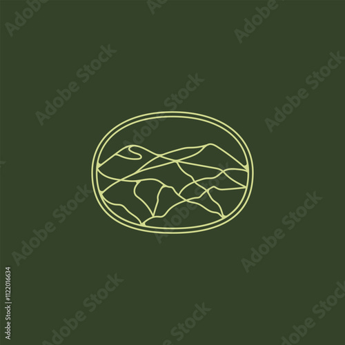 Green Elevate Mountain Hills Enclosed in Oval Device Line Art, Wellness Sauna Luxury Logo Design Vector