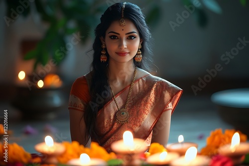 Woman in Sari with Candles and Jhumkas Diwali Golden Hour photo