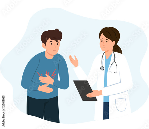 Doctor talking to patient with stomach ache.A problem with the intestines, stomach or a bolt in the abdomen. Physician consults patient, diagnoses, prescribes. Vector Illustration