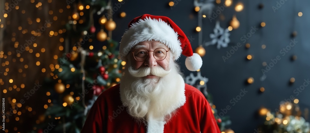 Fototapeta premium Santa Claus near Christmas tree. Santa Claus. Christmas Presents. Concept of Christmas and New Year. Winter Holidays Celebration. Bearded Santa.