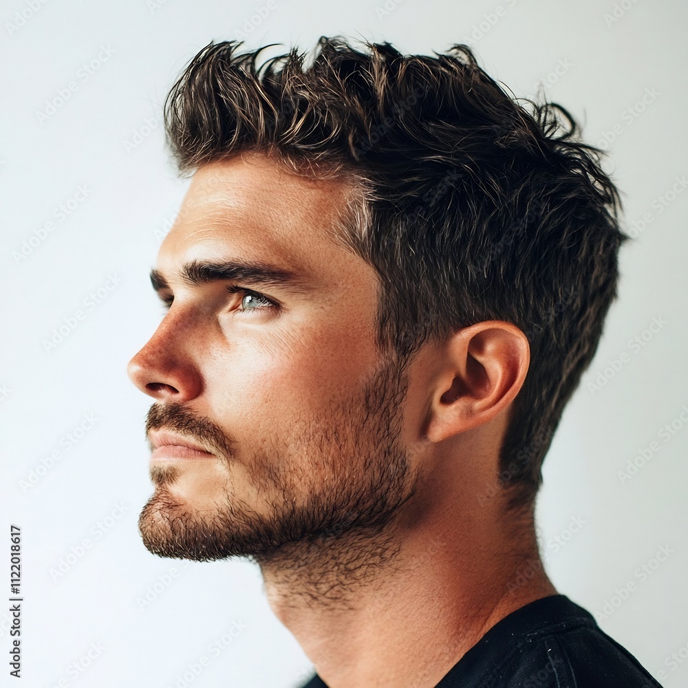Obraz premium Side profile shot of a young well groomed man with a beard against a plain white background