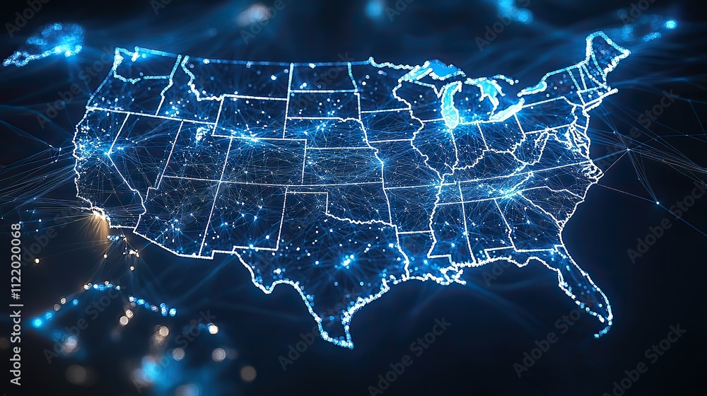 A blue network of lines overlays a map of the United States of America, representing digital connectivity A blue network of lines overlays a map of the United States of America, representing digital connectivity