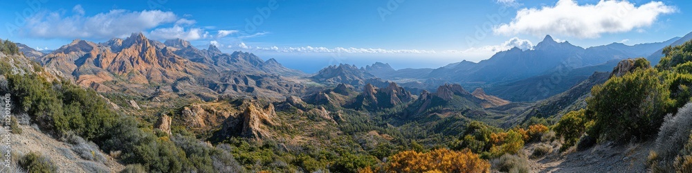Fototapeta premium Mountains with rugged ranges and lush valleys under a bright blue sky, ideal for travel posters, nature banners, and scenic wallpapers.