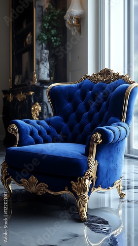 Blue chair opulence with gold trim high resolution hd picture photo