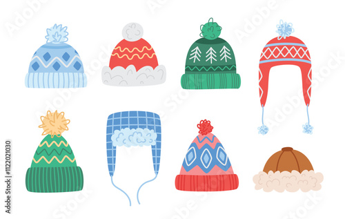 Various winter hats set. Cold weather accessories collection. Vector illustrations isolated on white background