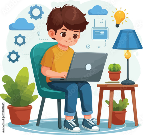 a boy is using his laptop vector