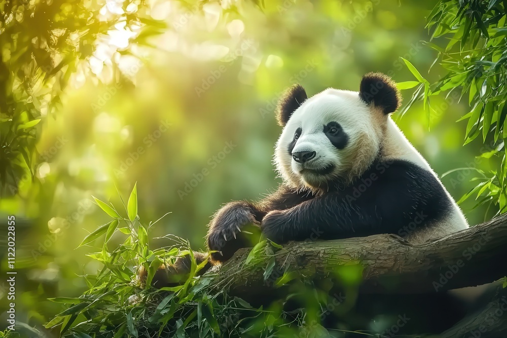 Obraz premium Giant panda lounging on bamboo shoots in a serene forest setting