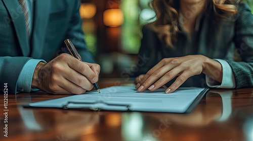 A businessman and businesswoman formalize an agreement by signing official documents photo