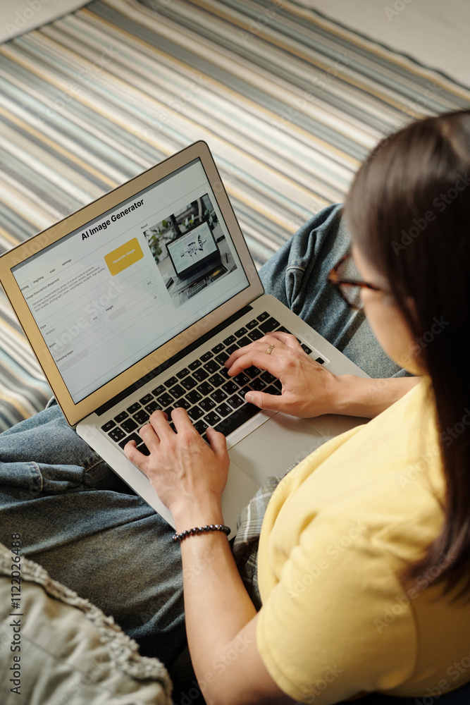 © Clique Images - High angle of young businesswoman in casual attire using AI image generator for creating new content © Clique Images - High angle of young businesswoman in casual attire using AI image generator for creating new content