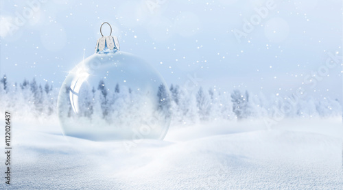 Weisse transparente Weihnachtskugel aus Glas in winterlicher Schneelandschaft