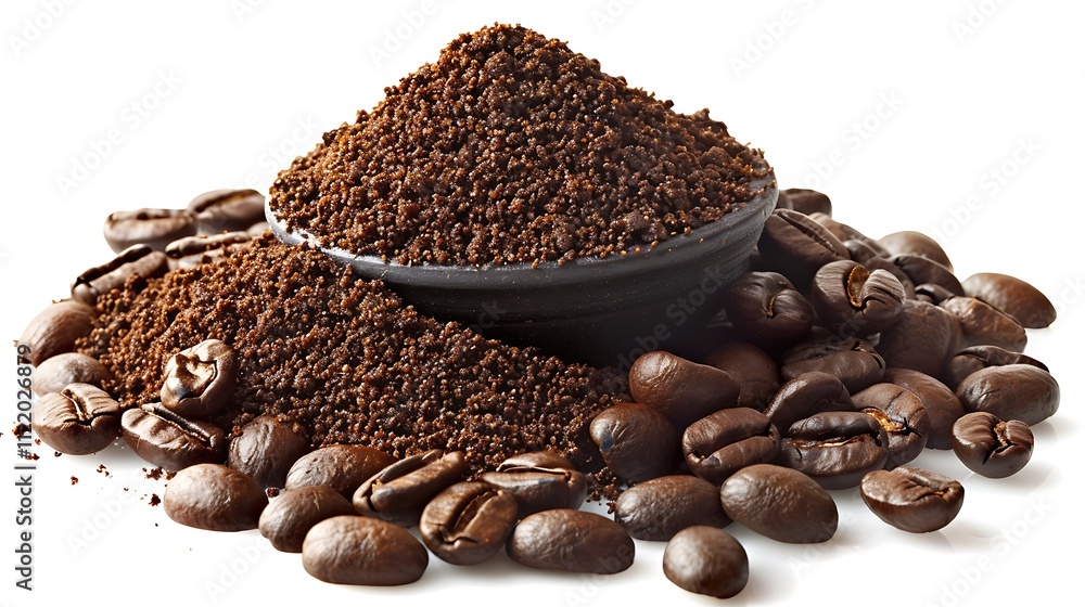 Coffee beans and ground coffee in a bowl on white background Coffee beans and ground coffee in a bowl on white background