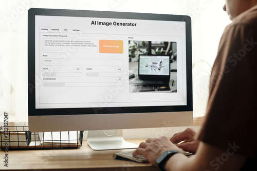 Focus on AI generated image and its description on screen of desktop computer being used by young man